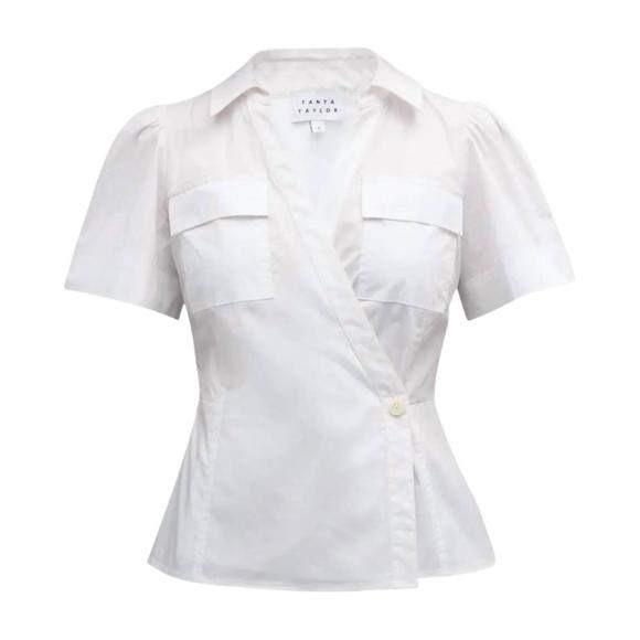 Tanya Taylor White Cotton Blend Short Puff Sleeve Wrap Blouse Sandra Top Size 14 - Picture 4 of 12